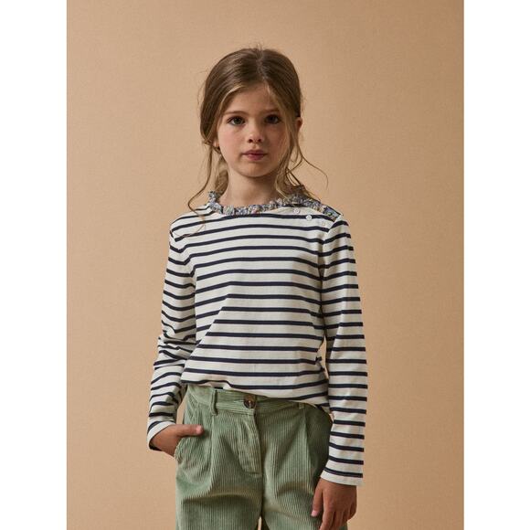 CYRILLUS Breton Stripe Liberty Fabric Floral Ruffle French Cotton Top | Size 12 - Picture 2 of 8